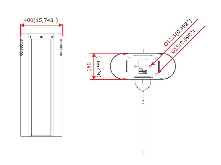 DimensãoLateral e Superior Catraca Digicon DTower Motorizada