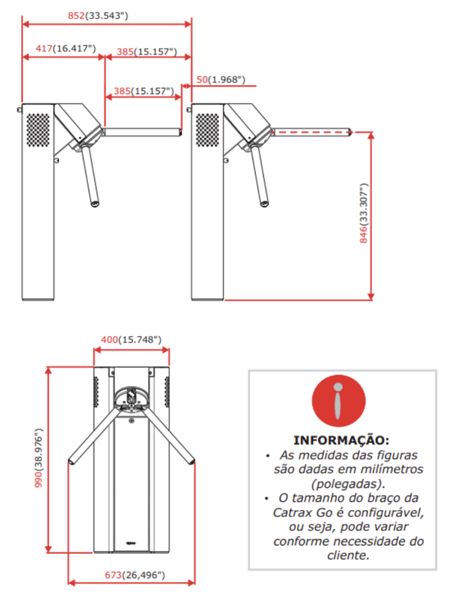 Dimensões catraca motorizada Digicon Catrax Go Uno